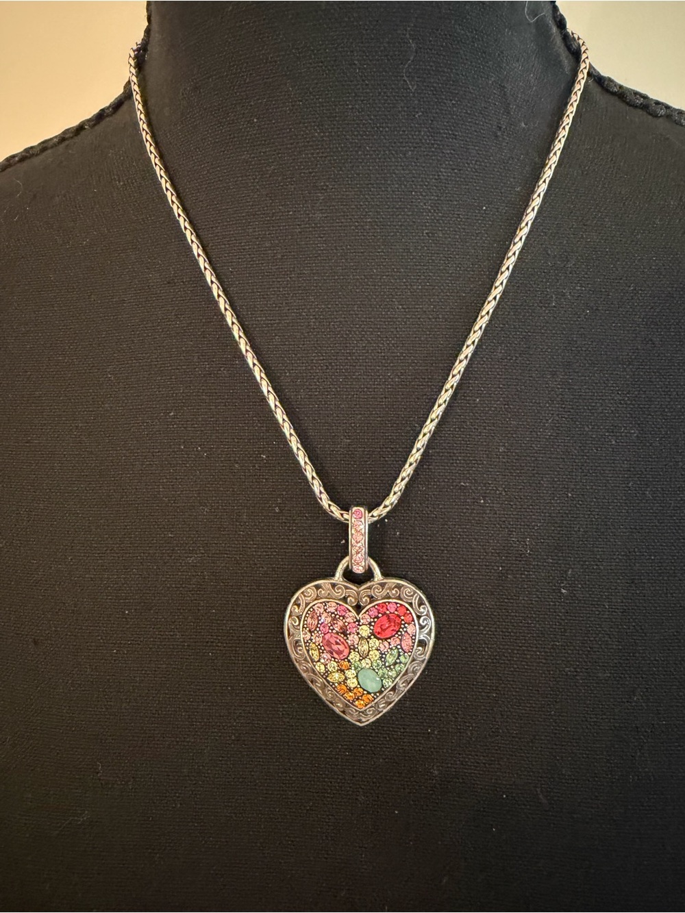 Brighton Retired Crystal Voyage Silver Heart Filigree Pendant Necklace - Picture 2 of 6